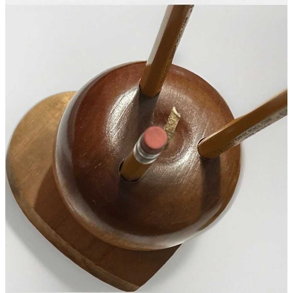 Vintage Wooden Apple Pencil Letter Holder Set Heart Base Teacher Gift Office